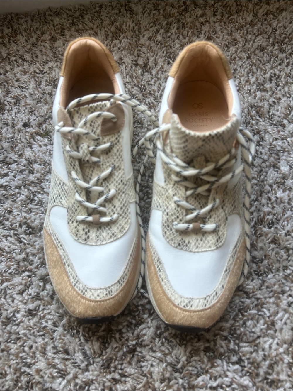 Society Men’s White and Tan Snake-Print Lace-Up Sneakers